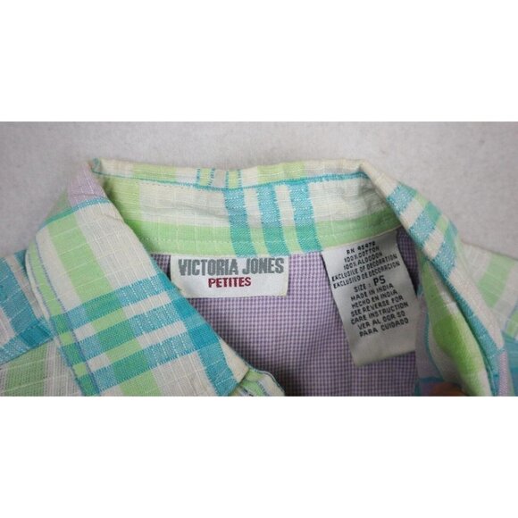 VICTORIA JONES - WOMEN'S BLUE & GREEN PLAID SHORT SLEEVE BUTTON-UP TOP - SIZE PS - Picture 6 of 8